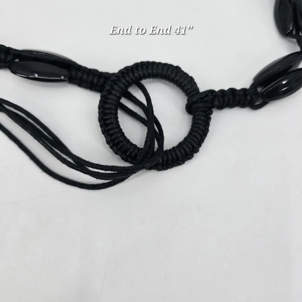 Vintage Macrame Black Beaded Adjustable Belt‎ Waist Tie Boho Minimalist Y2K Goth